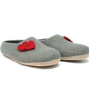 Felted Wool Heart Embellished Women’s Gray Slippers | Wool Shoes | Sheep Wool Slippers | Women’s Slippers | Home Shoes | House Shoes