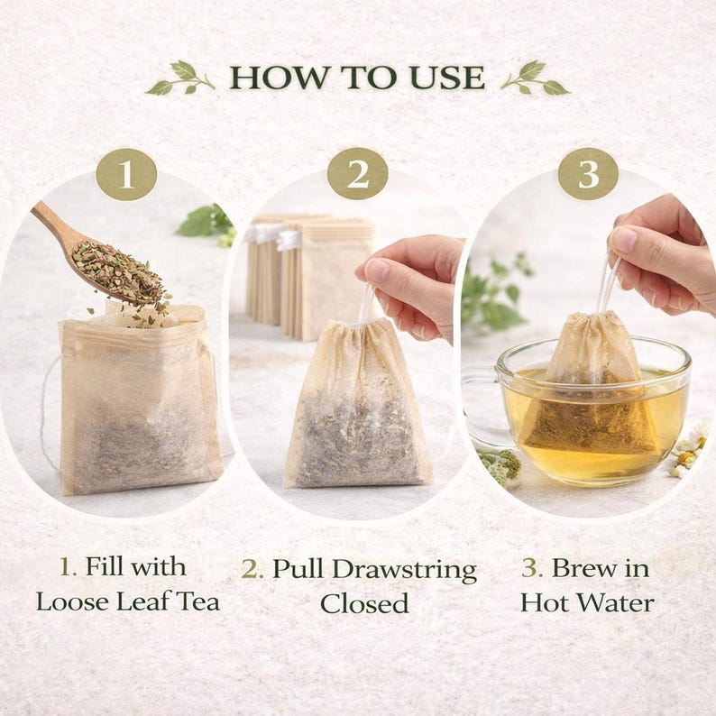 Step-by-step guide showing how to use unbleached tea filter bags: fill with loose leaf tea, pull drawstring closed, and brew in hot water