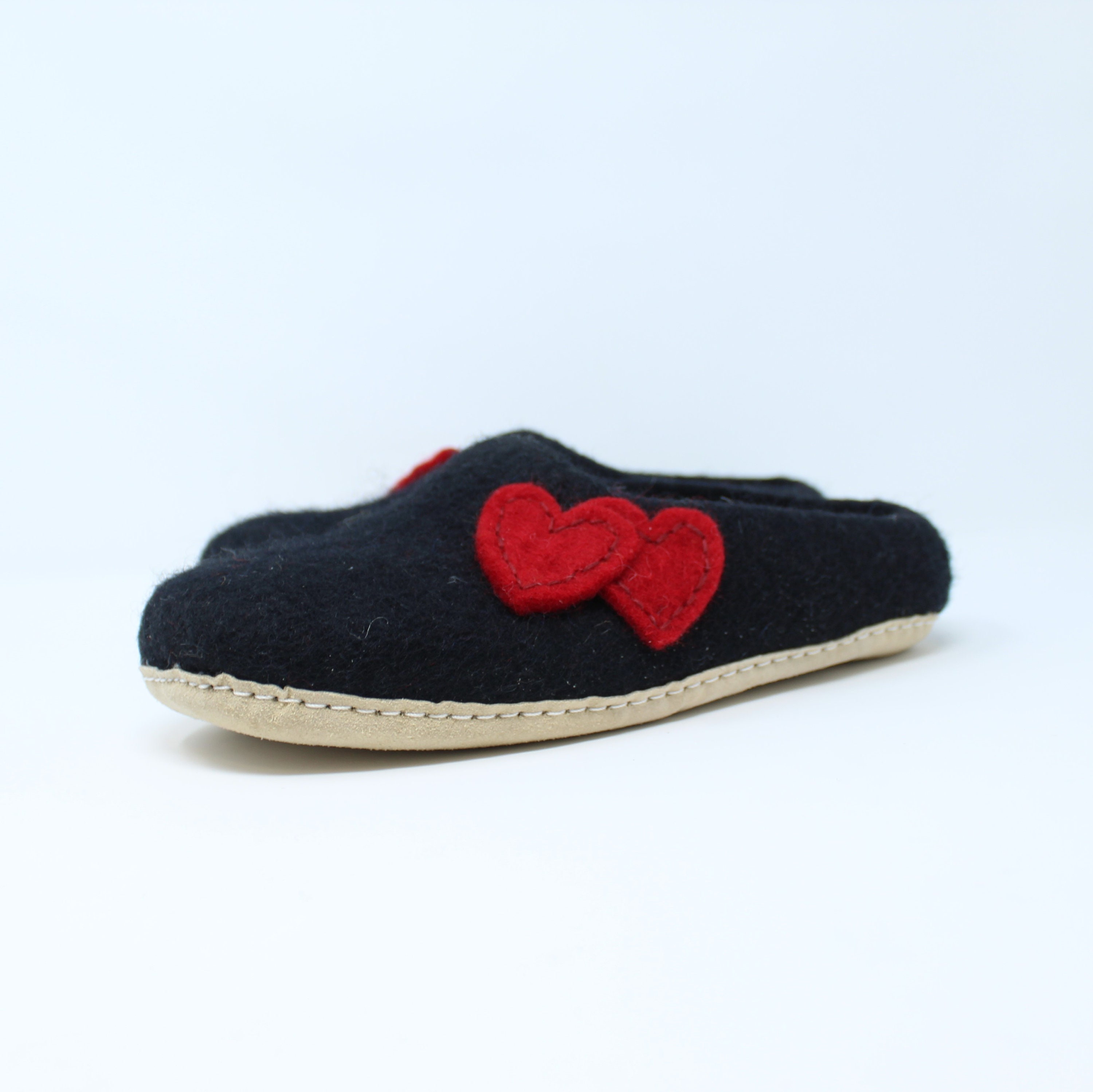 Felted Wool Heart Embellished Womens Black Slippers Gift Etsy