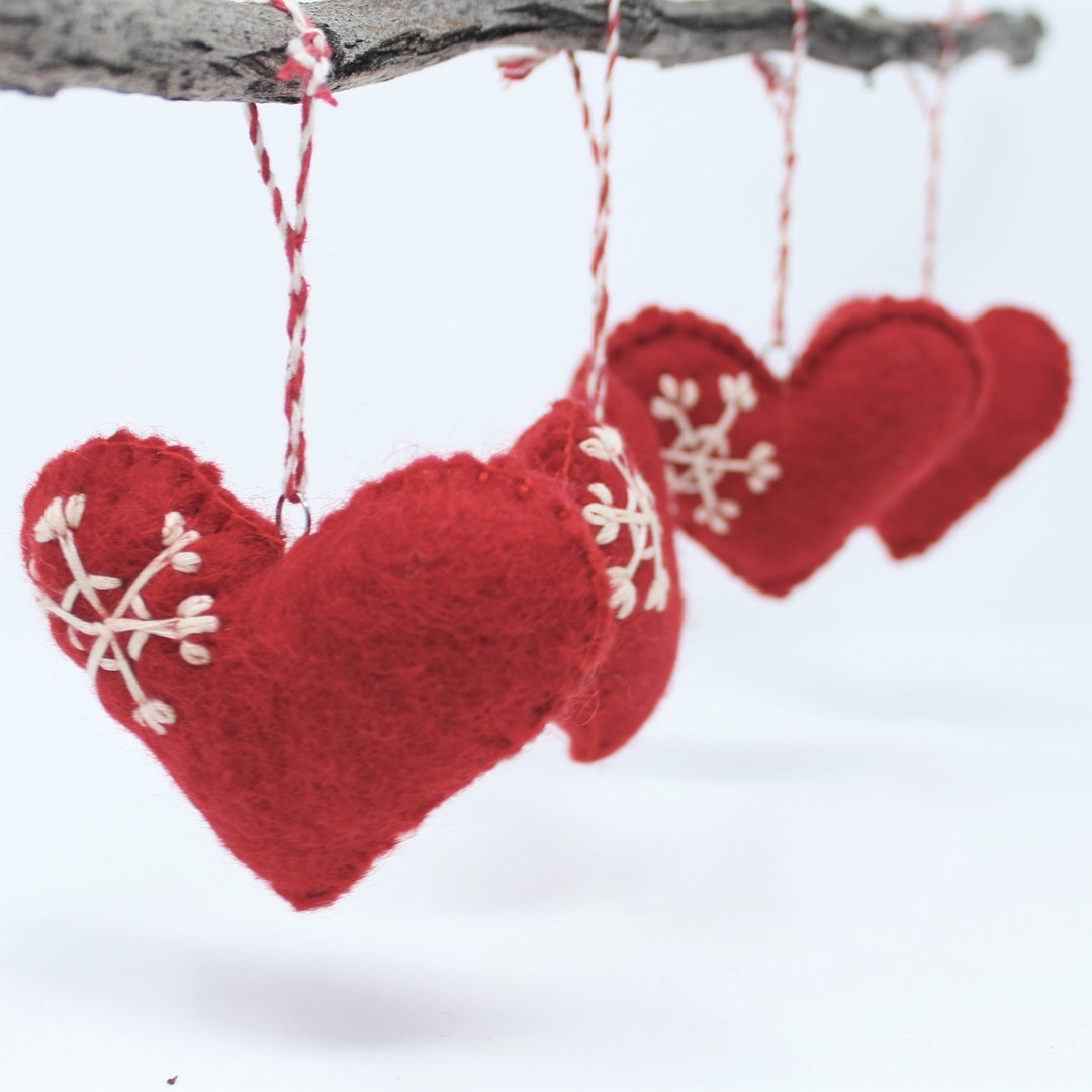 Christmas Ornaments Wool Felt Ornaments Red Hearts Handmade From Ecofriendly Dyes and 100 Wool