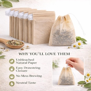 Unbleached tea filter bags with drawstring shown in stack and filled with loose herbal tea, highlighting natural paper, easy closure, and mess-free brewing features