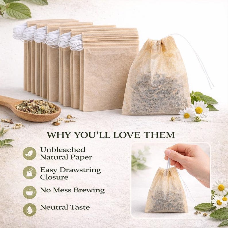 Unbleached tea filter bags with drawstring shown in stack and filled with loose herbal tea, highlighting natural paper, easy closure, and mess-free brewing features