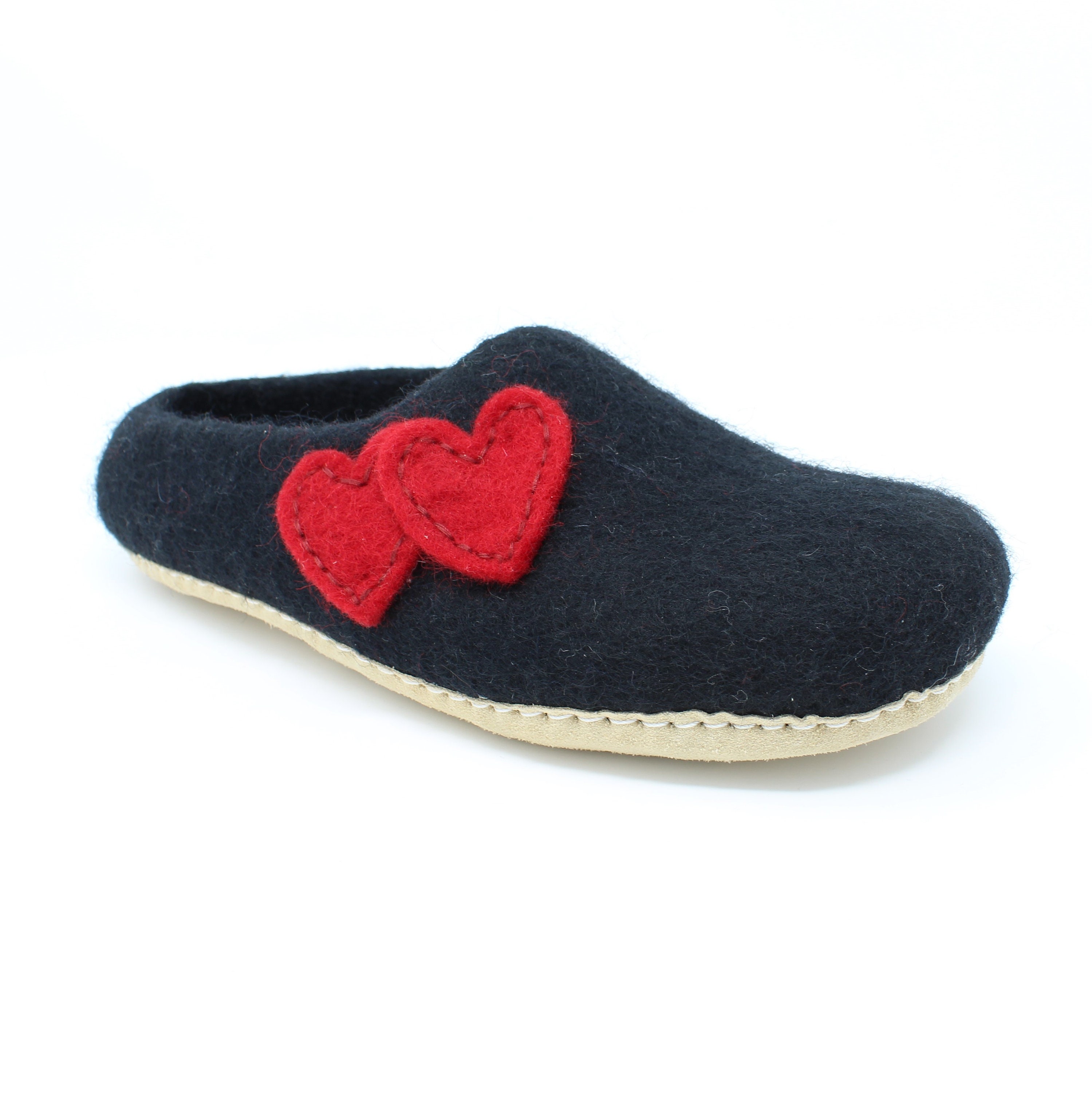 Felted Wool Heart Embellished Women’s Black Slippers Gift for Her Sheep Wool Slippers