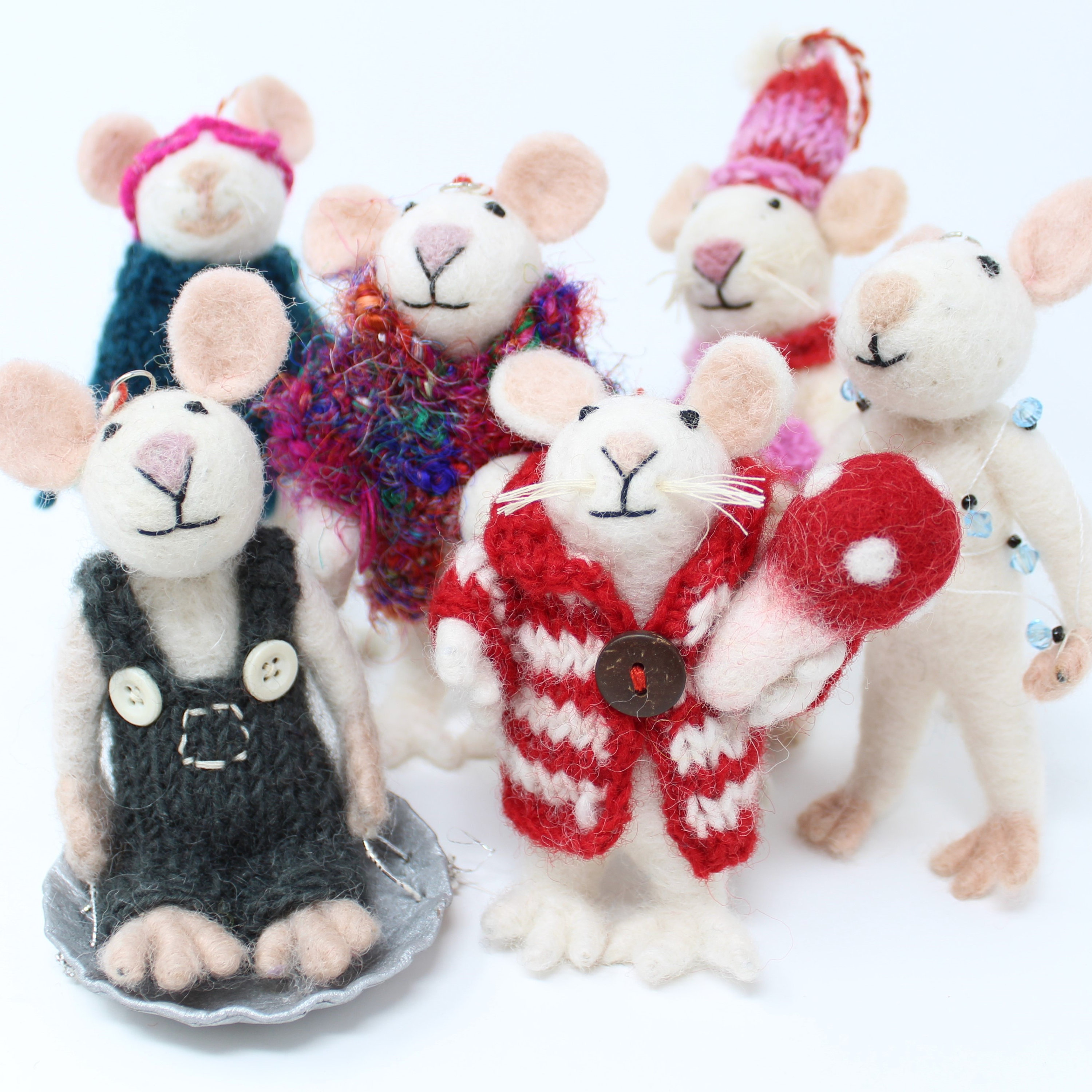 6 Piece Set of Wool Christmas Mice Ornaments Mice Ornaments Cute Christmas Ornaments Wool