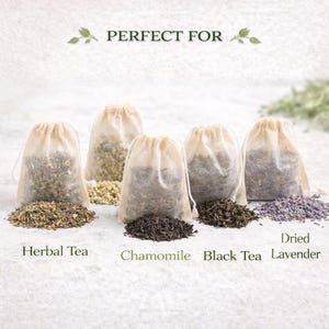 Unbleached tea filter bags filled with different loose teas including herbal tea, chamomile, black tea, and dried lavender on a clean background