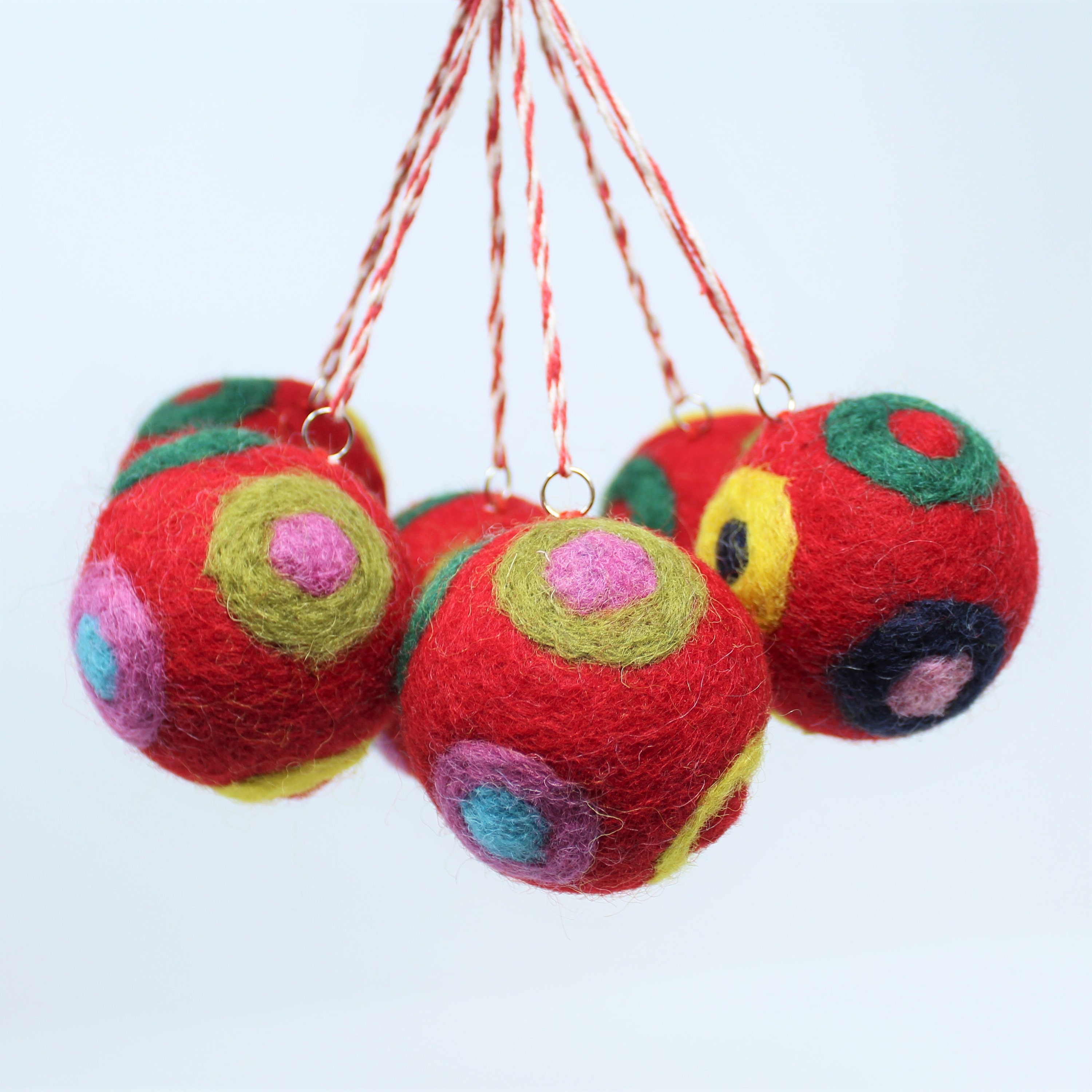 Felted Wool Balls  Christmas Ornaments Red Set of 6  Handmade from