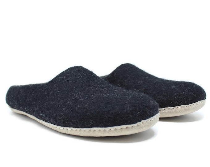 Men’s Felted Wool Moccasin Black Slippers | Gifts For Him  | Sheep Wool Slippers | Men’s Slippers | Home Shoes | Adult Slippers