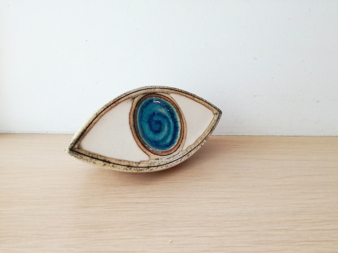 Large ceramic eye, high fire stoneware clay, ceramic blue eye sculpture