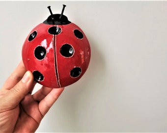 Ceramic ladybug sculpture, red black ladybug wall hanging, spring decor ladybug of earhtenware clay