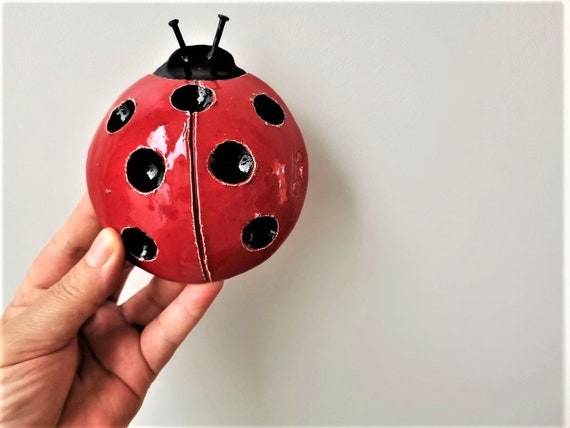 Ceramic ladybug sculpture, red black ladybug wall hanging, spring decor ladybug of earhtenware clay