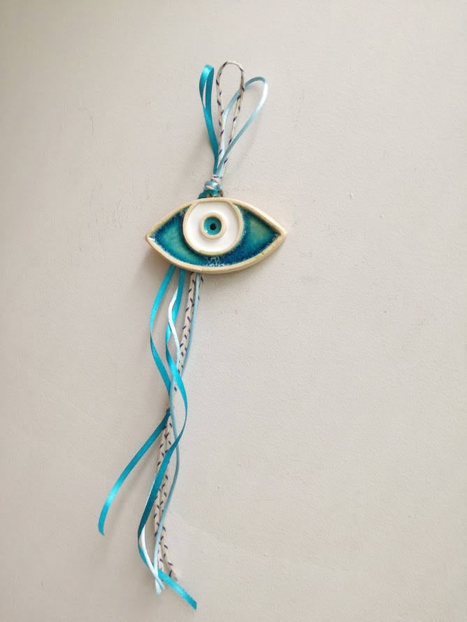 Ceramic blue eye, white and blue eye charm, evil eye protectin charm