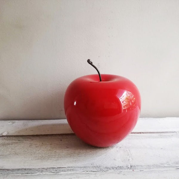 Red apple sculpture, ceramic apple in bright red, earthenware clay red apple with black, metal stem, life size red apple