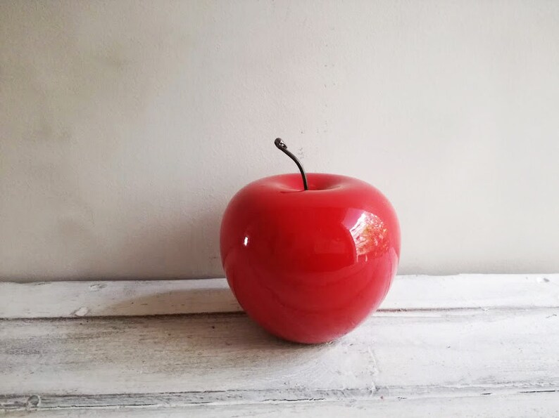 Red apple sculpture, ceramic apple in bright red, earthenware clay red apple with black, metal stem, life size red apple image 1