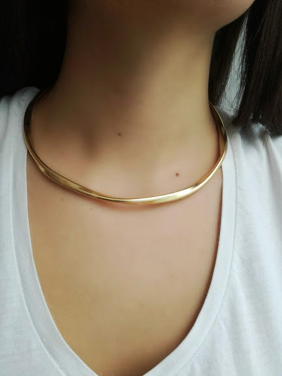 Gold choker necklace, brass gold plated thick cho… - image 2