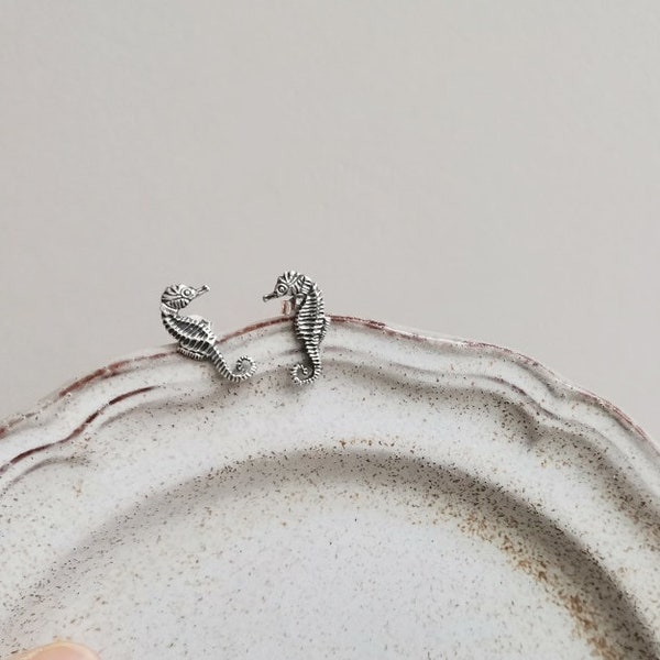 Seahorse stud earrings, solid sterling silver, seahorse earrings with slight oxidisation, slightly different seahorses studs