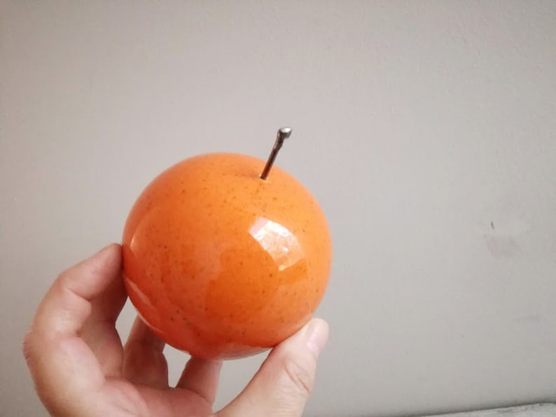 Ceramic orange sculpture, orange fruit in bright orange, earthenware clay orange with black, metal stem image 5