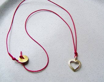 Gold heart outline necklace on red cord, gold plated brass necklace of heart outline, made to order