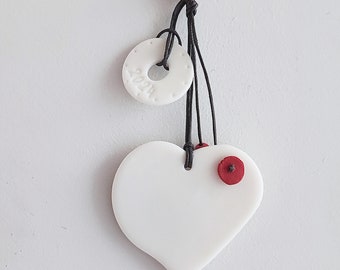 White heart ornament, porcelain, heart ornament with 2024 tag, white heart on red string, boho Valentine's heart