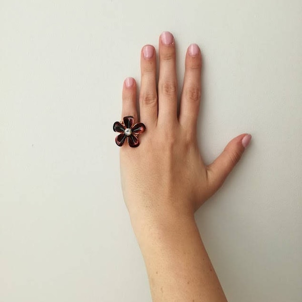 Red flower ring, brass flower ring, with Marsala red enamel, gold plated statement ring, large flower cocktail ring