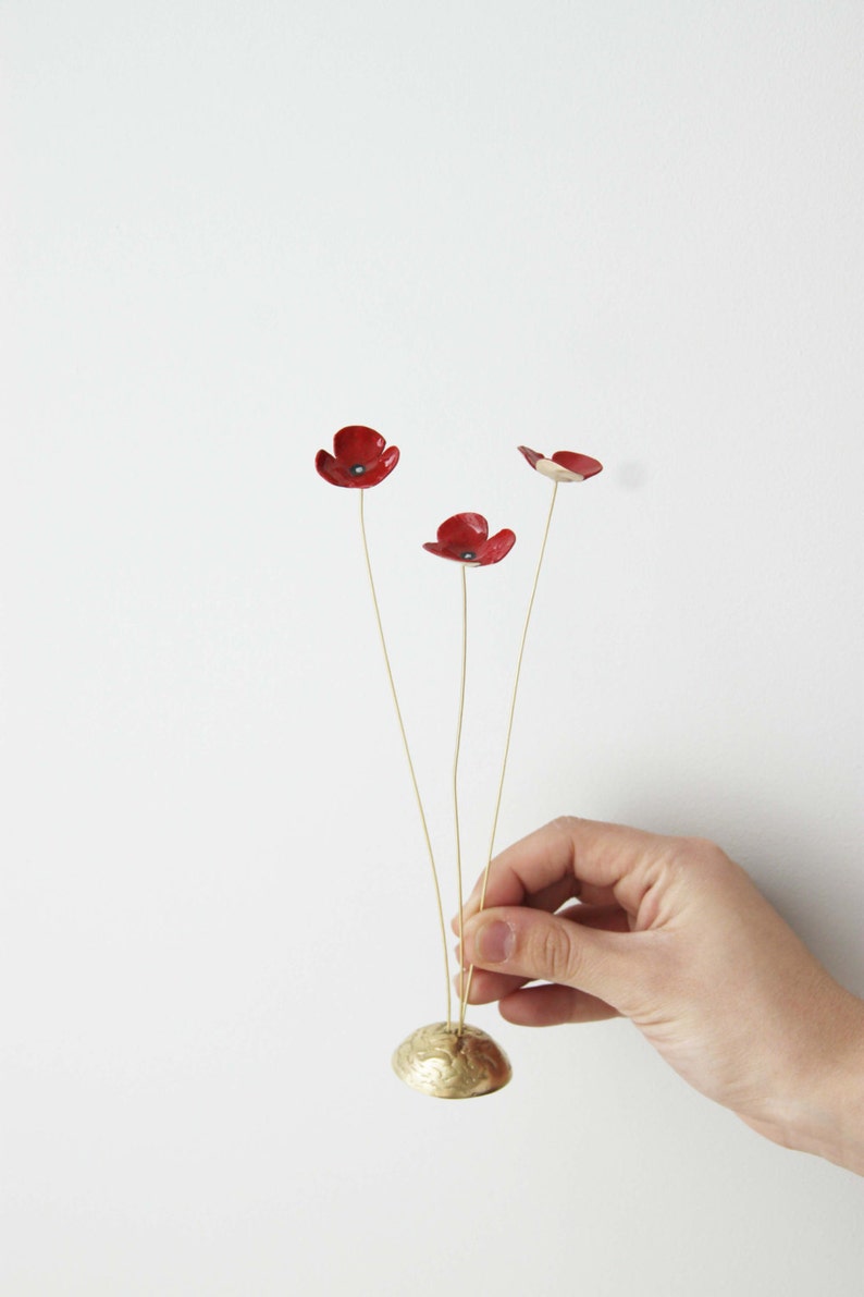 Red poppies metal sculpture, brass flowers art object with red enamel, three poppies gold red sculpture, flower decor, scarlet poppies art image 10