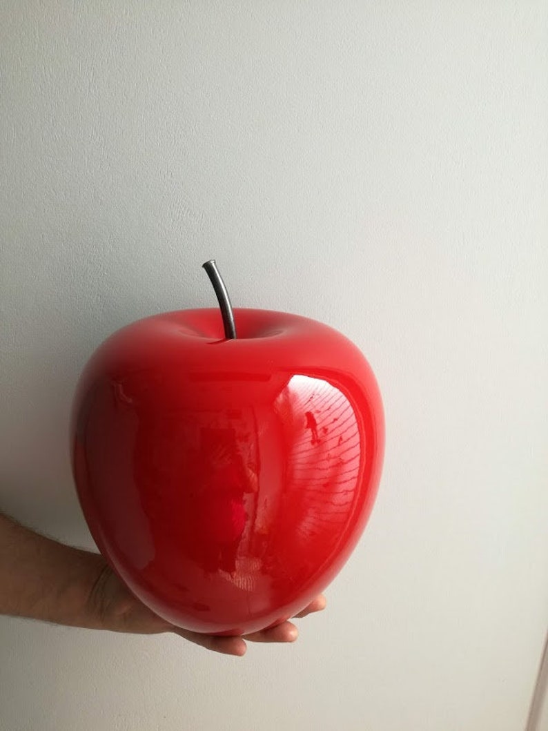 Large apple sculpture, large scarlet ceramic apple with black, iron stem, large apple sculpture, modern apple art object image 8