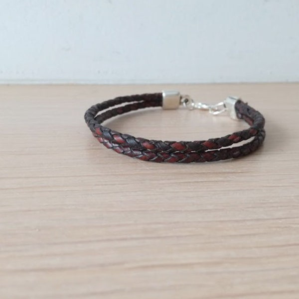 Mens leather bracelet, braided leather double bracelet, mens leather cuff, guys boho friendship cuff, brown leather mens bracelet