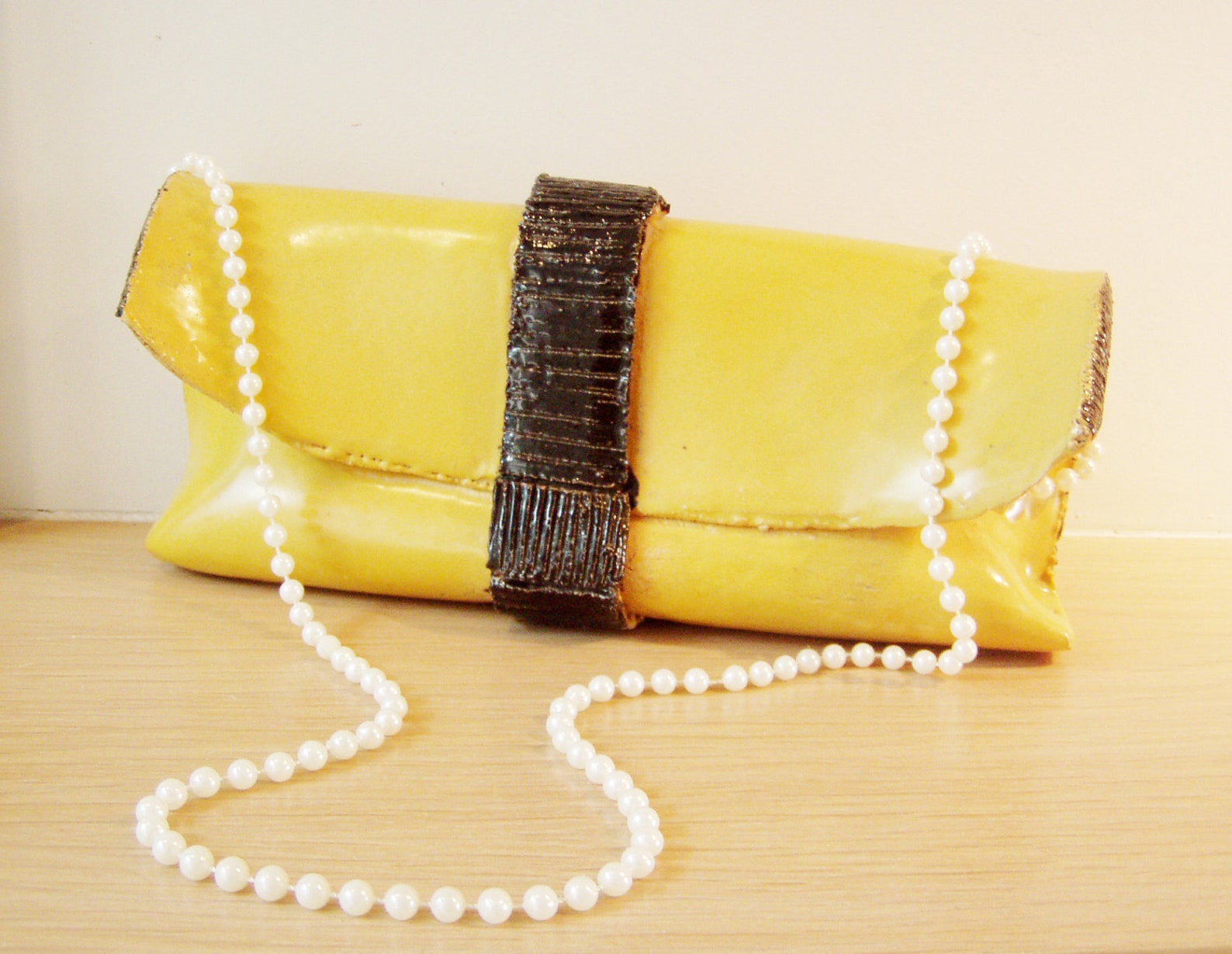 Yellow Clutch Bag With Faux Pearls Strap Stoneware High Fire Etsy