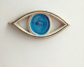 Blauw keramisch oog, hoog vuur steengoedklei, keramische oogmuursculptuur, moderne blauwe oogmuursculptuur