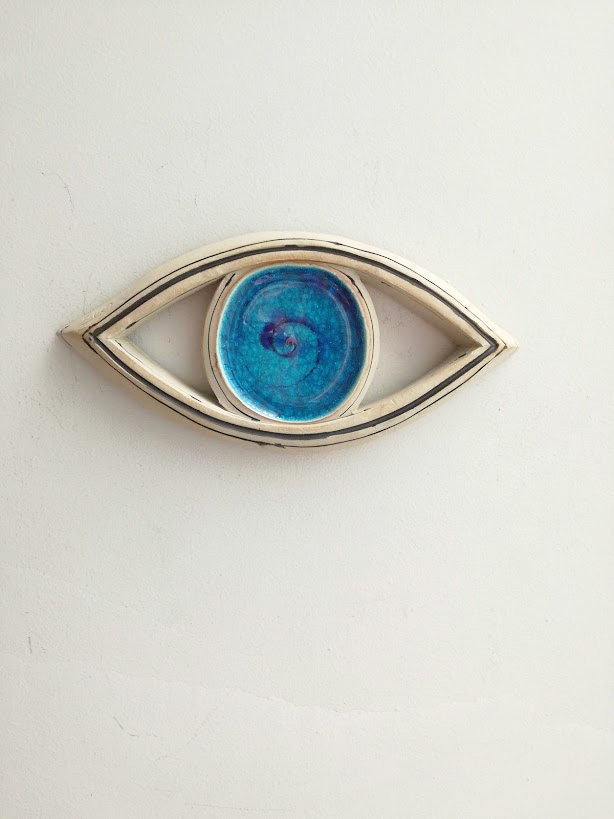 Blue ceramic eye, high fire stoneware clay, ceramic eye wall sculpture, modern Greek ceramics
