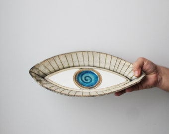 Blue eye platter, stoneware clay high fire, oval plate with blue eye, modern blue eye tray, blue eye table decor