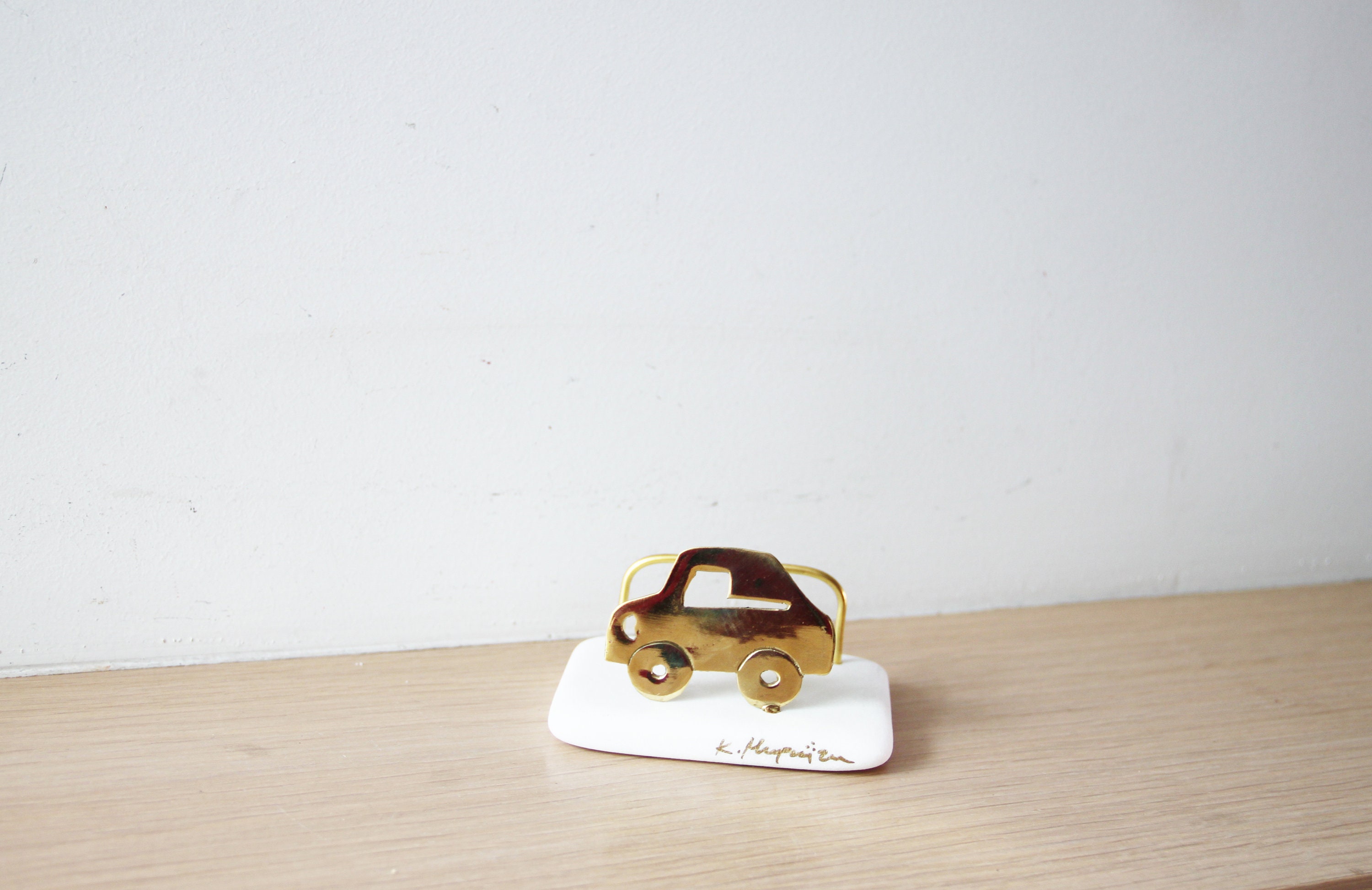 Brass car card holder brass car sculpture on white stone with | Etsy