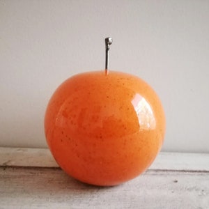 Ceramic orange sculpture, orange fruit in bright orange, earthenware clay orange with black, metal stem image 4