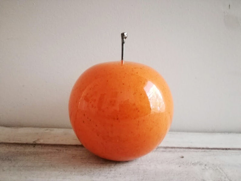 Ceramic orange sculpture, orange fruit in bright orange, earthenware clay orange with black, metal stem image 4