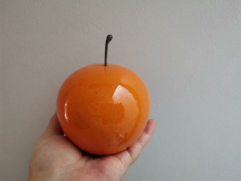 Ceramic orange sculpture, orange fruit in bright orange, earthenware clay orange with black, metal stem image 7