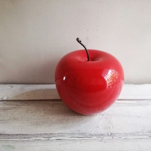 Red apple sculpture, ceramic apple in bright red, earthenware clay red apple with black, metal stem, life size red apple image 4