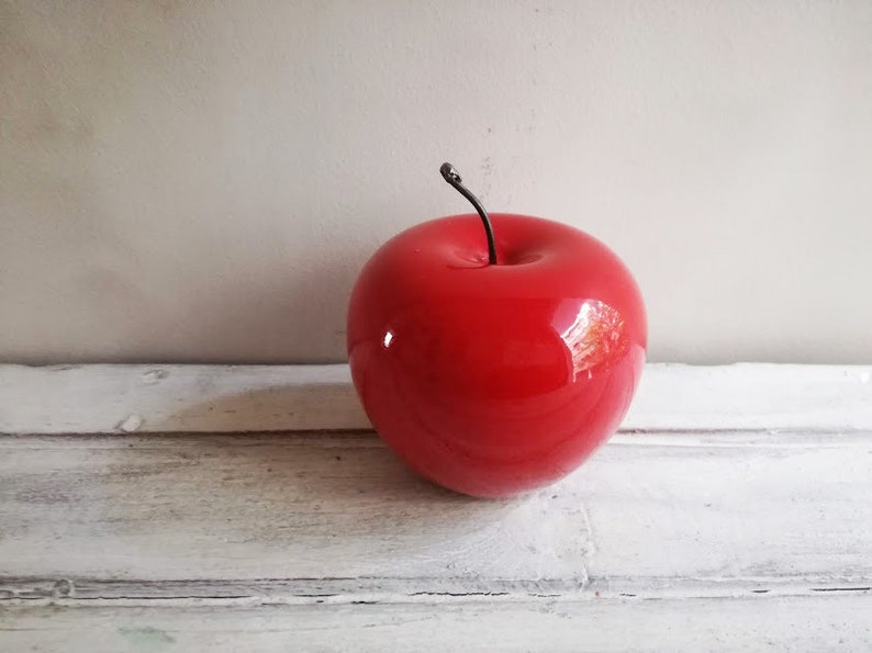Red apple sculpture, ceramic apple in bright red, earthenware clay red apple with black, metal stem, life size red apple image 4