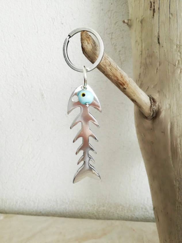 Silver fishbone keychain, aluminum fish bone, mini