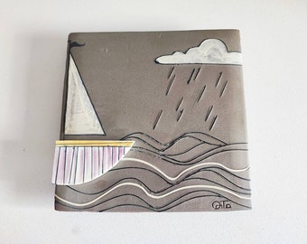 White boat wall hanging, porcelain boat wall art, grey white sailboat wall tile sculpture with white cloud