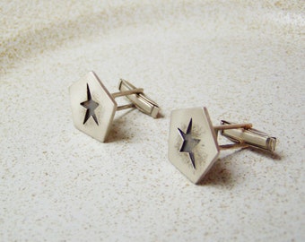 Black star pentagonal cufflinks, avant garde sterling cufflinks, hipster silver cufflinks with black stars, mens' jewelry, mens' gift