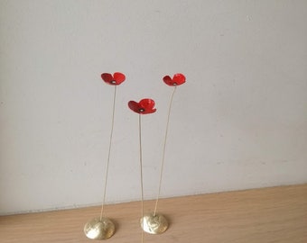 Red poppy metal sculpture, brass flower art object with red enamel, scarlet poppy sculture in gold and red, flower decor, small poppy gift