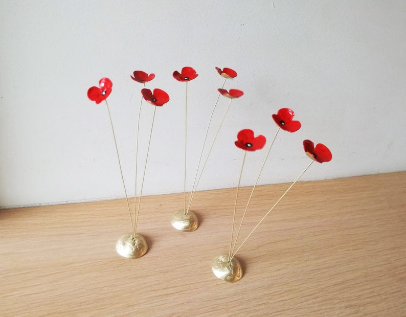 Red poppies metal sculpture, brass flowers art object with red enamel, three poppies gold red sculpture, flower decor, scarlet poppies art image 2