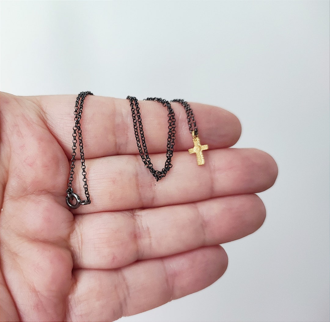 Tiny Gold Cross Necklace, Solid 18K Gold Cross With Textured Surface on