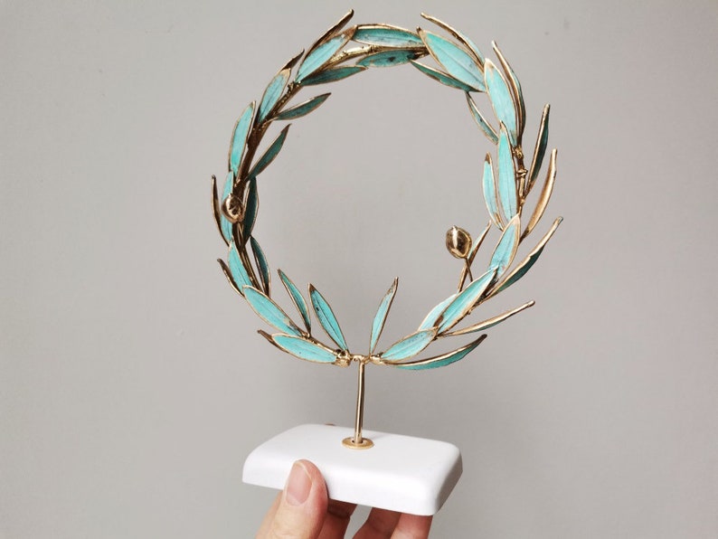 Gold olive wreath, real olive twigs wreath, GrecoRoman style wreath on white base, electroplated olive twigs with brass and copper image 3
