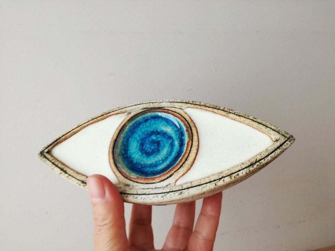 Large ceramic eye, high fire stoneware clay, ceramic blue eye sculpture