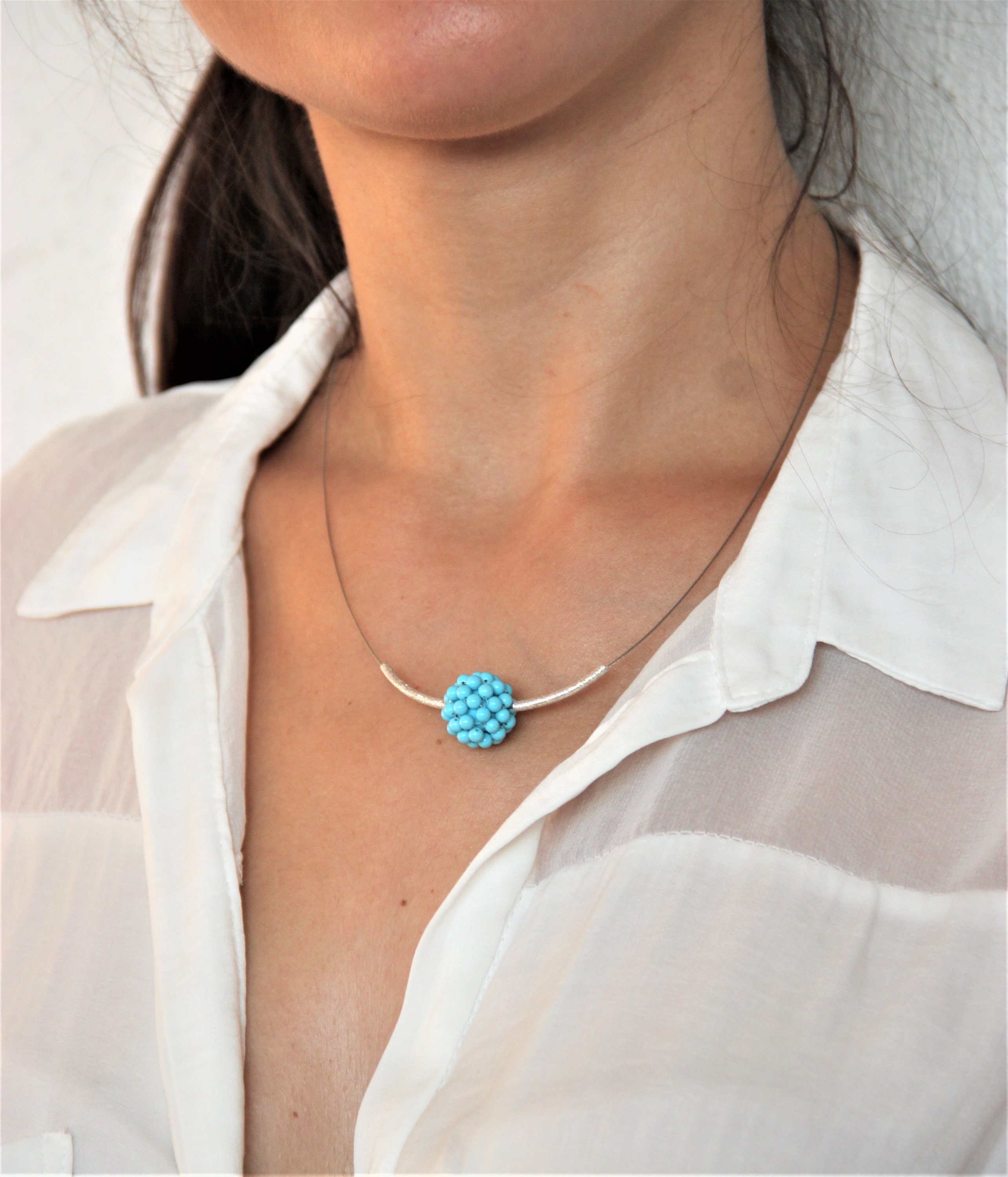 Turquoise Ball Necklace Turquoise and Sterling Silver Minimalist