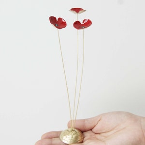 Red poppies metal sculpture, brass flowers art object with red enamel, three poppies gold red sculpture, flower decor, scarlet poppies art image 6