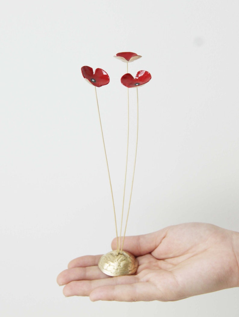 Red poppies metal sculpture, brass flowers art object with red enamel, three poppies gold red sculpture, flower decor, scarlet poppies art image 6