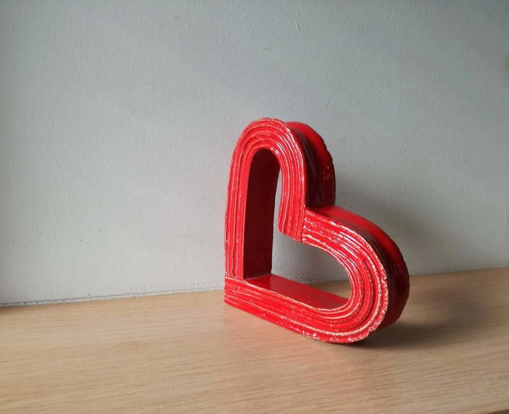 Red heart sculpture, bright red, ceramic heart outline sculpture
