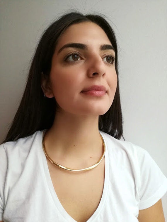 Gold choker necklace, brass gold plated thick cho… - image 6