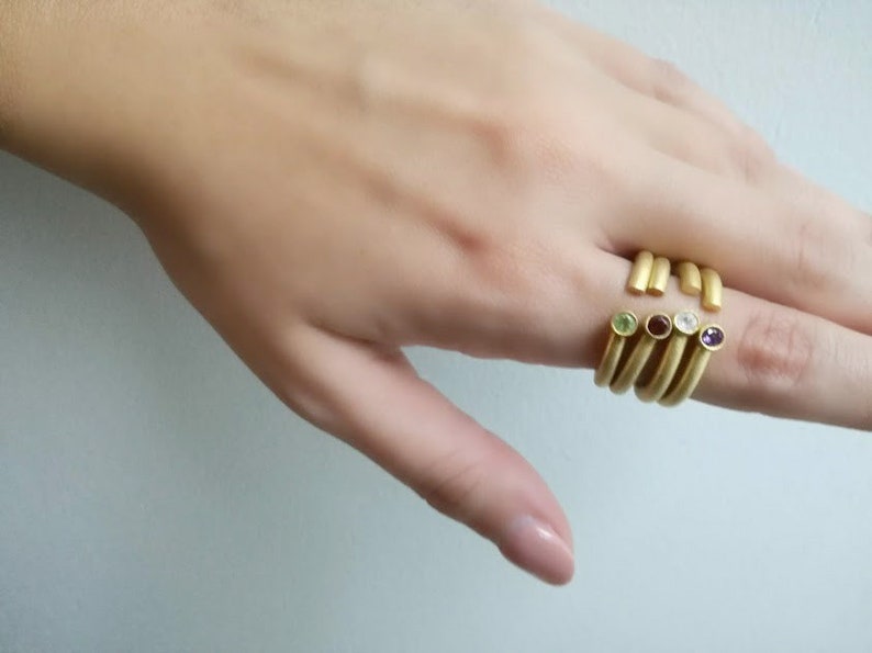 gem stone amethyst Minimalist open ring solid silver open band ring with round peridot and zirconium gold plated band with garnet